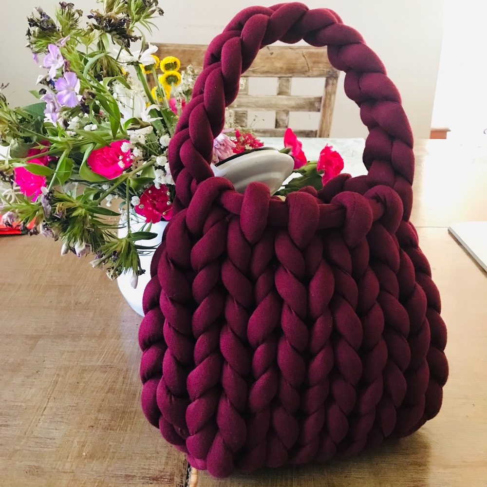 Burgundy purple hand knit handbag mini bag